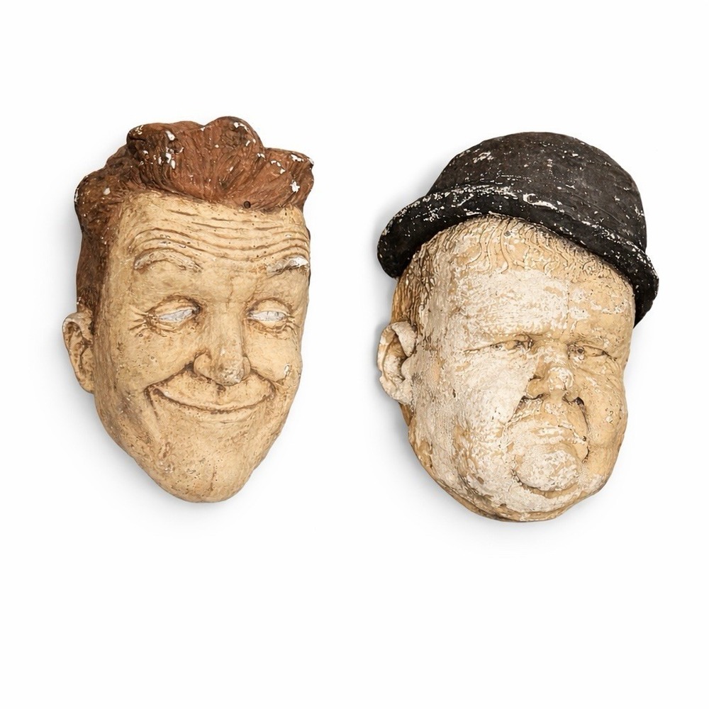 Vintage Chalkware Comedy Duo Wall Masks Laurel Hardy Style Speakeasy Bar Decor